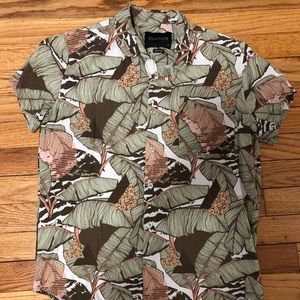 Wildfang Empower Button Up Shirt, Green Tropical Pattern, Size XS